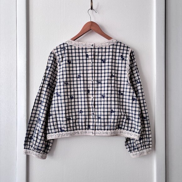 Sezane Thalyna Blouse Blue Floral Embroidery on Vichy Fabric - Picture 8 of 10